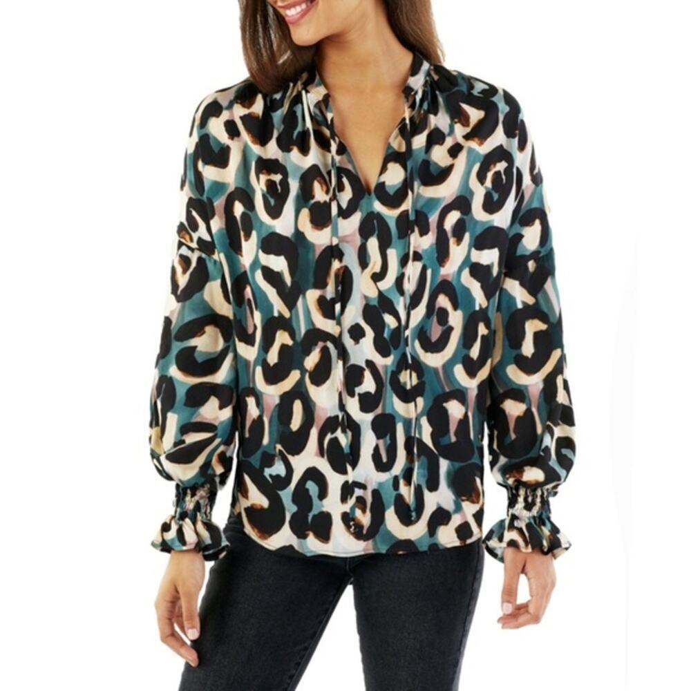 Finley Morrisey Top Teal Abstract Jungle Animal Print Blouse Shirt XS
